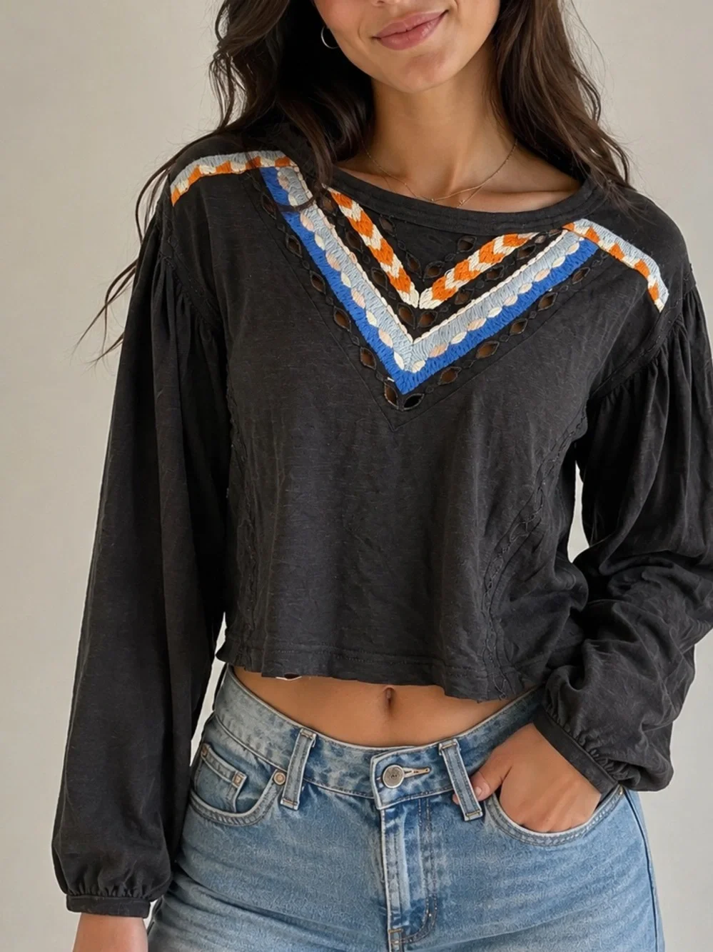 Free People Black Embroidered Long-Sleeve Top